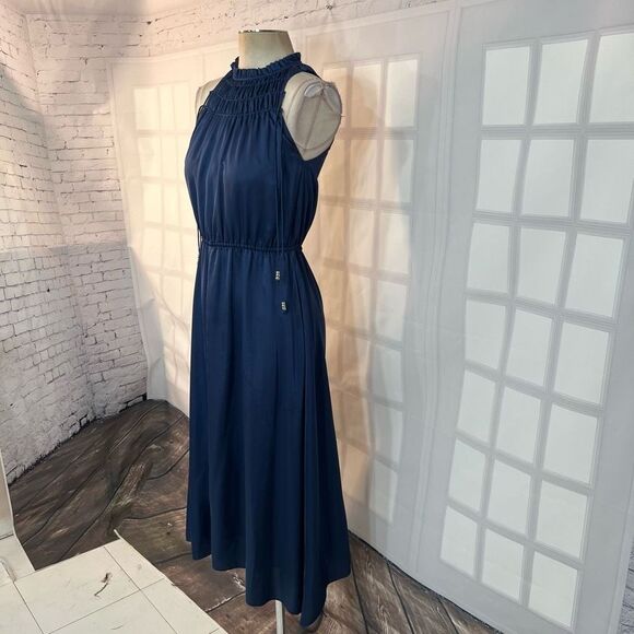 Derek Lam Sleeveless Cinched Pleated Neckline Tassel Blue Satin Midi Dress Sz 4 - Picture 2 of 9